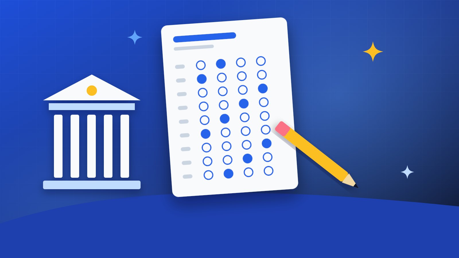An OMR answer sheet with filled bubbles and a pencil, beside a government office building