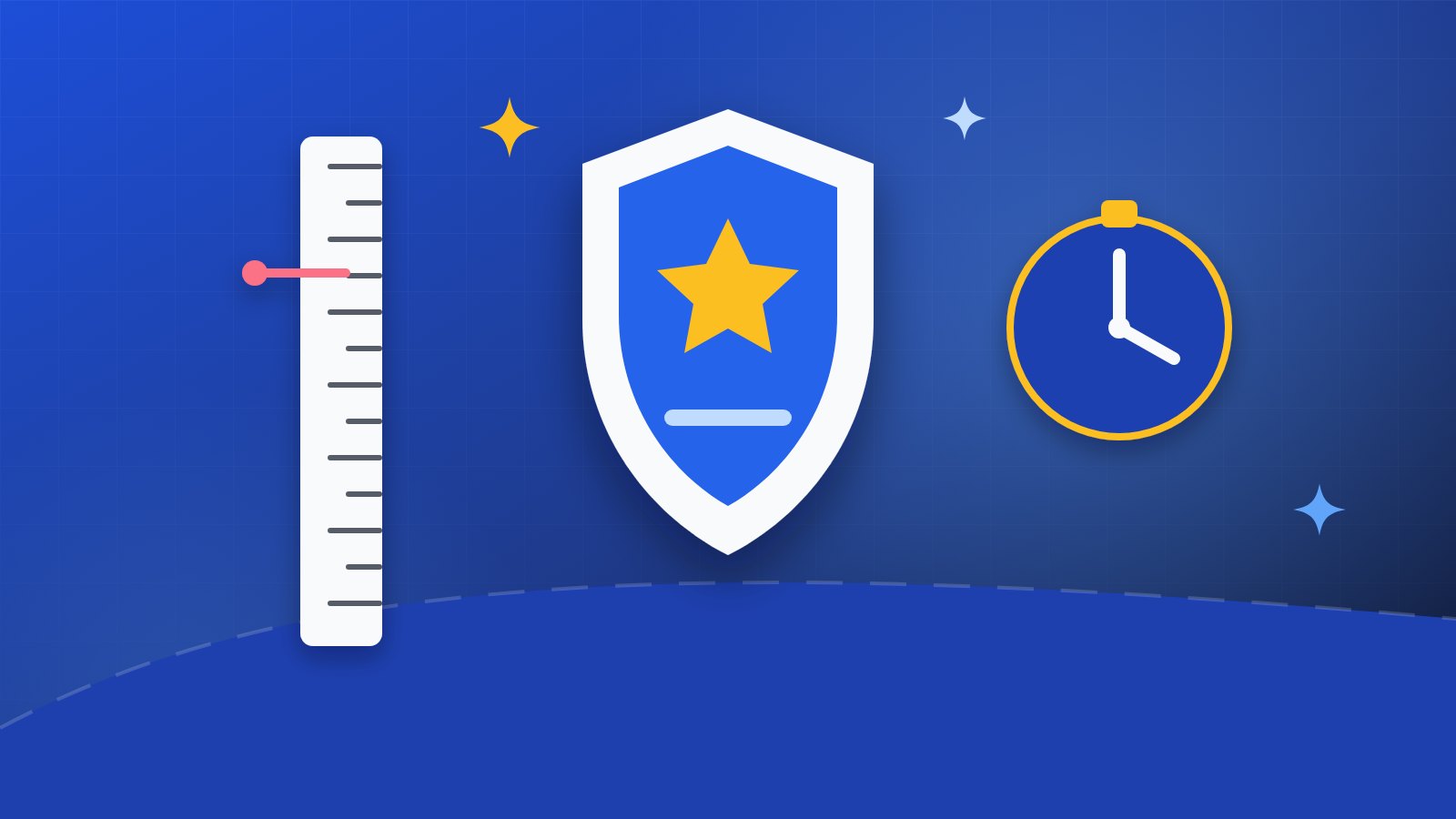 A police badge with a star, beside a height measuring scale and a stopwatch