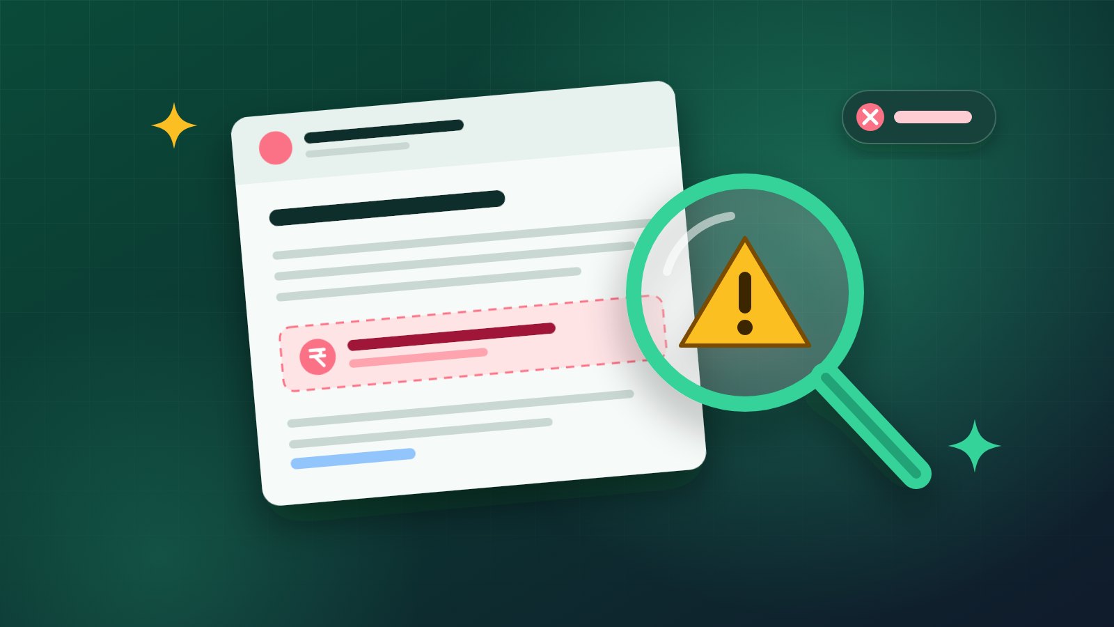 Illustration of a job offer message under a magnifying glass with a warning sign over a payment request
