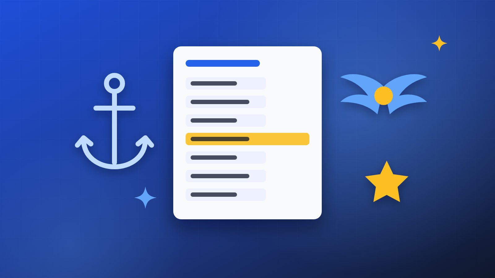 A highlighted result list beside an anchor, wings and a star for the three services