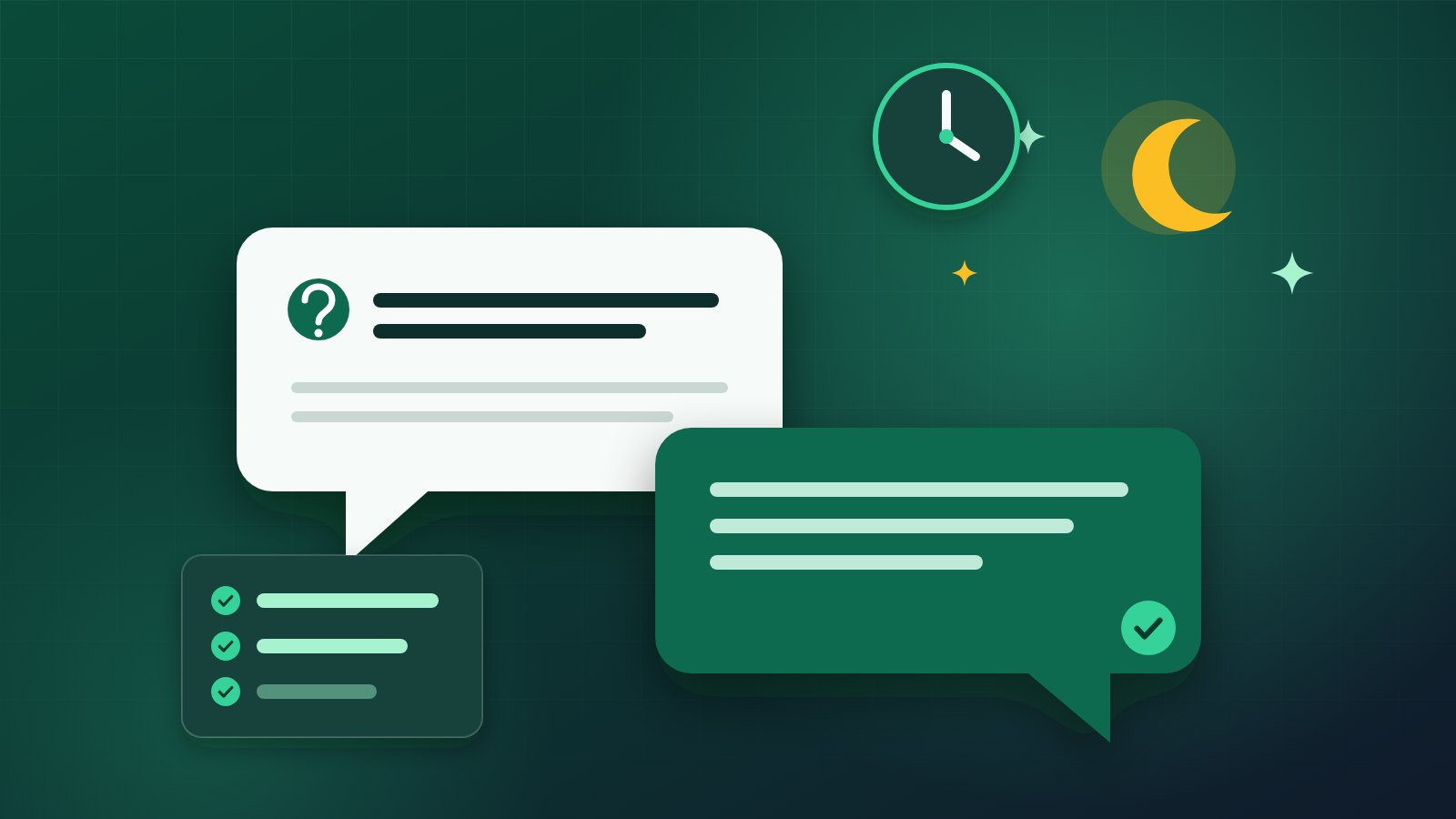 Illustration of interview question and answer speech bubbles with a clock, a moon and a checklist