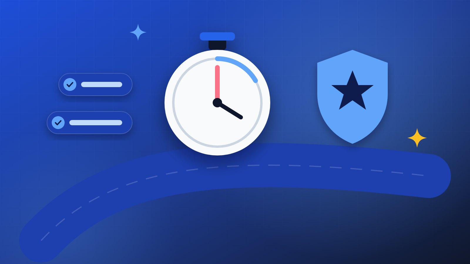 A stopwatch on a running track beside a shield with a star