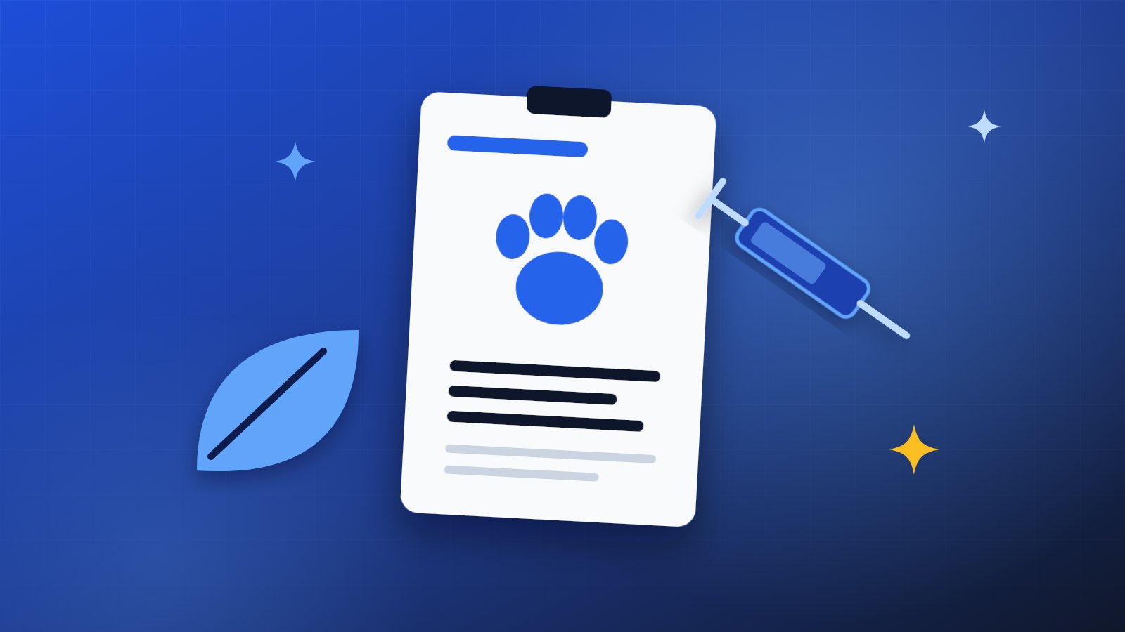 An admit card with a paw print, beside a syringe and a leaf